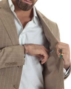 Abito Uomo Monopetto Vestito Gessato Giacca Con Pochette Pantaloni Completo Elegante Beige GIOSAL-AE1109A