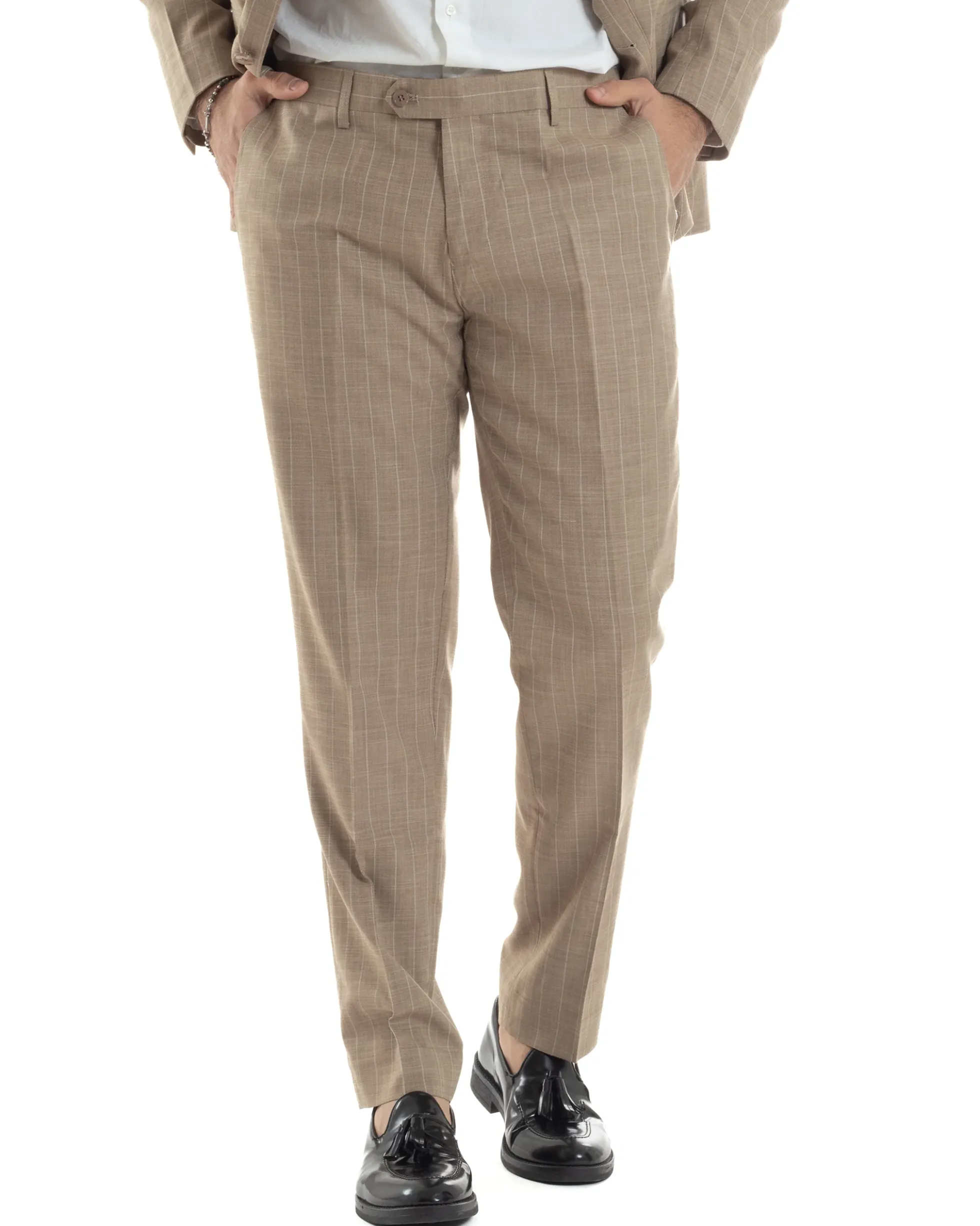 Abito Uomo Monopetto Vestito Gessato Giacca Con Pochette Pantaloni Completo Elegante Beige GIOSAL-AE1109A