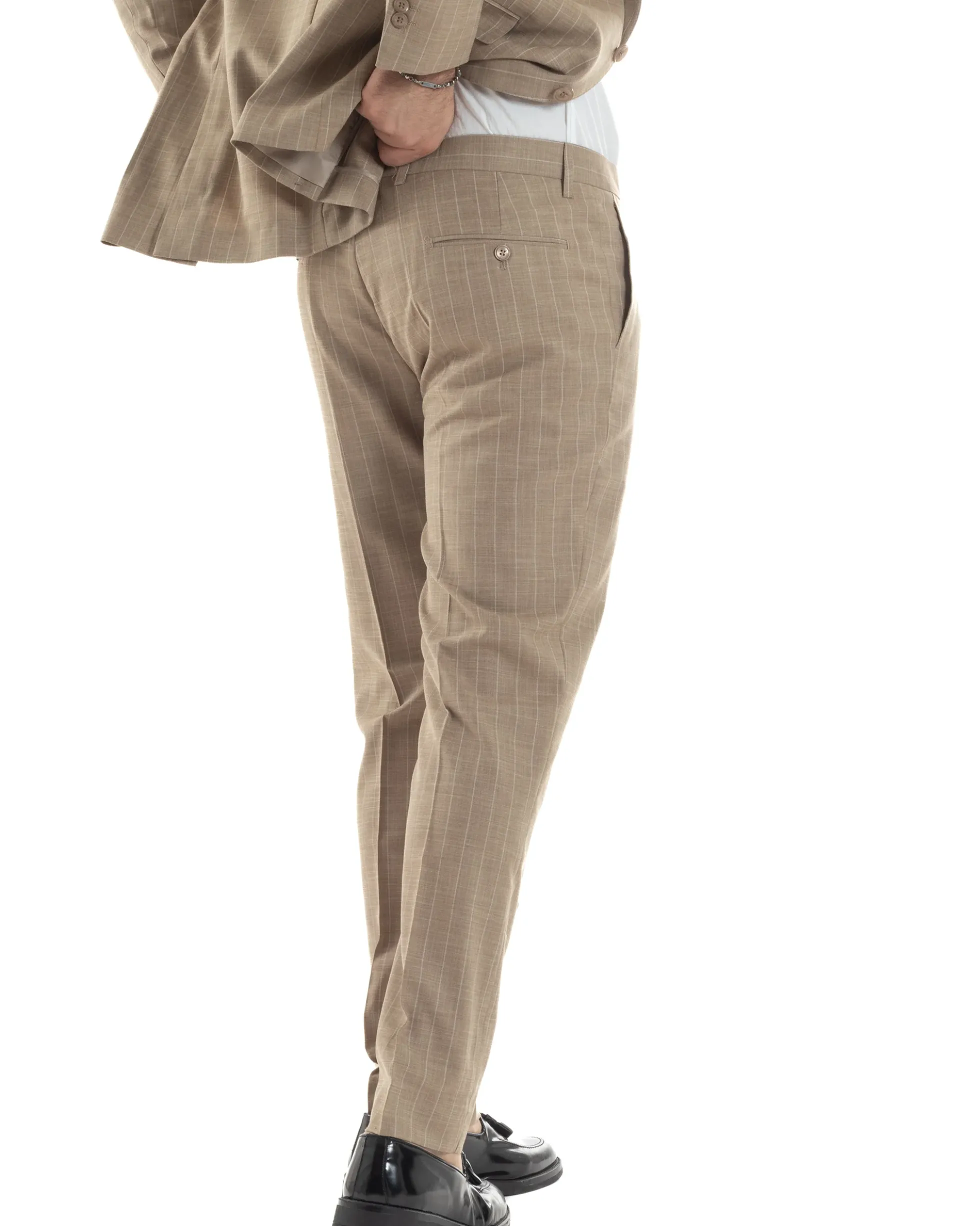 Abito Uomo Monopetto Vestito Gessato Giacca Con Pochette Pantaloni Completo Elegante Beige GIOSAL-AE1109A