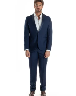 Abito Uomo Monopetto Vestito Completo Giacca Rever Sciallato In Raso Pantaloni Blu AE1152A