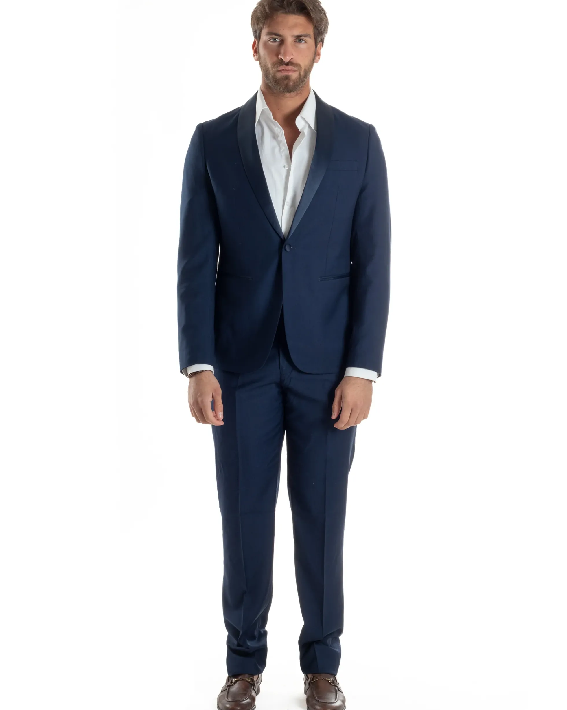 Abito Uomo Monopetto Vestito Completo Giacca Rever Sciallato In Raso Pantaloni Blu AE1152A