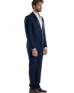Abito Uomo Monopetto Vestito Completo Giacca Rever Sciallato In Raso Pantaloni Blu AE1152A