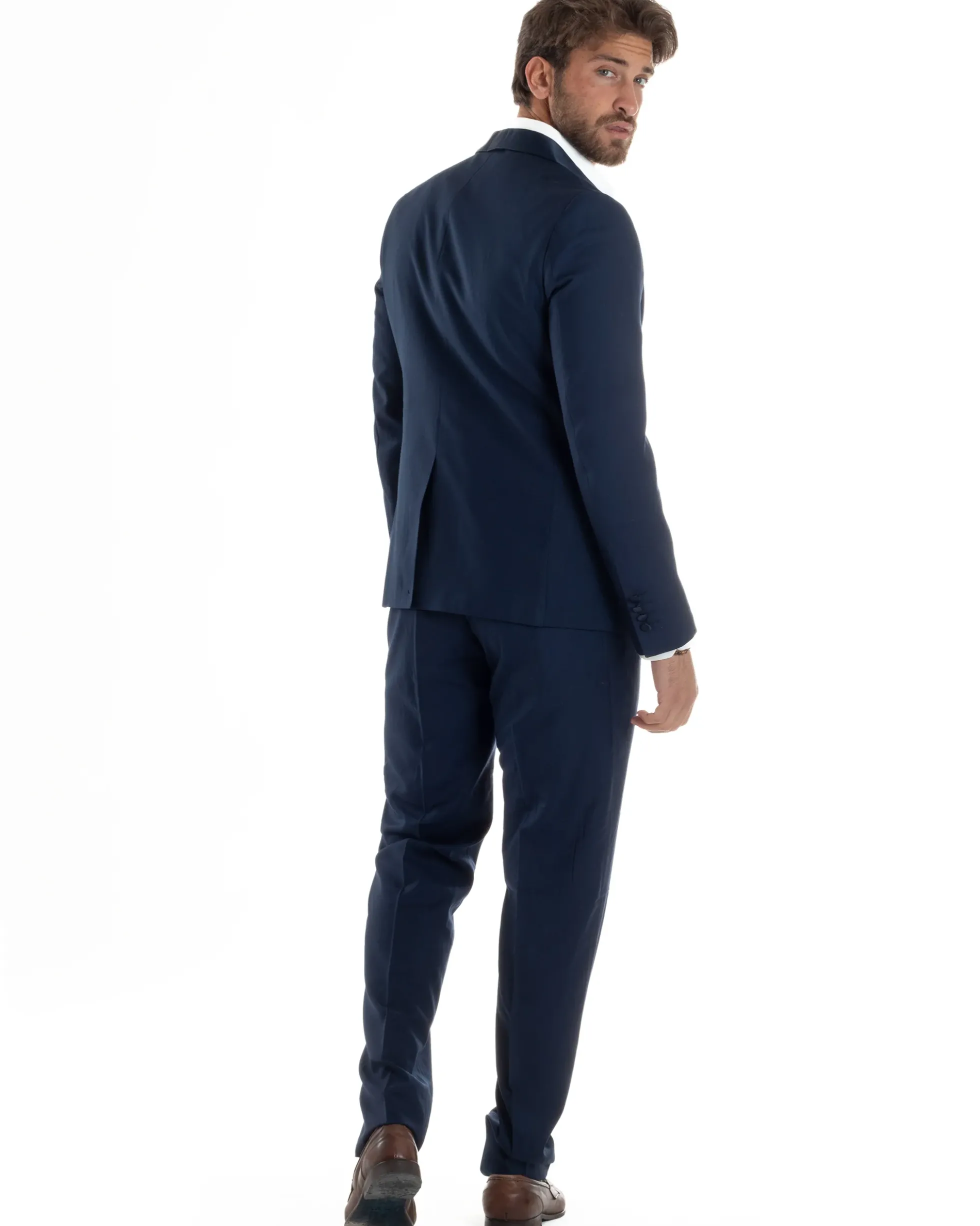 Abito Uomo Monopetto Vestito Completo Giacca Rever Sciallato In Raso Pantaloni Blu AE1152A