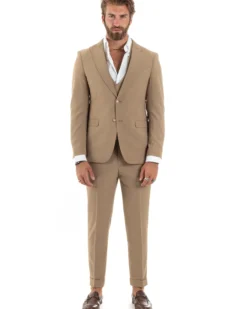 Abito uomo monopetto vestito 3 pezzi completo panciotto camel GIOSAL-AE1096A