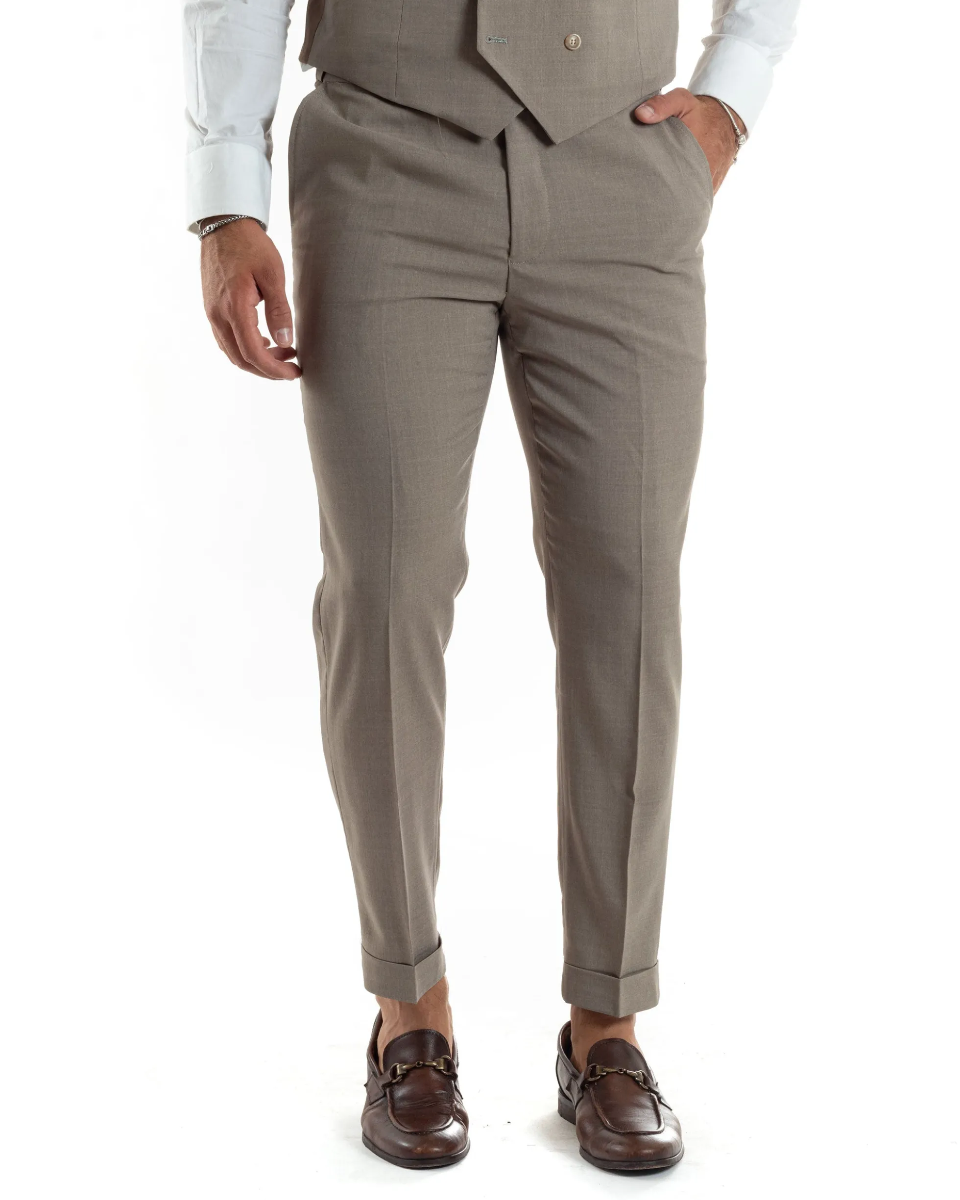 Abito uomo monopetto vestito 3 pezzi completo panciotto beige melangiato GIOSAL-AE1063A