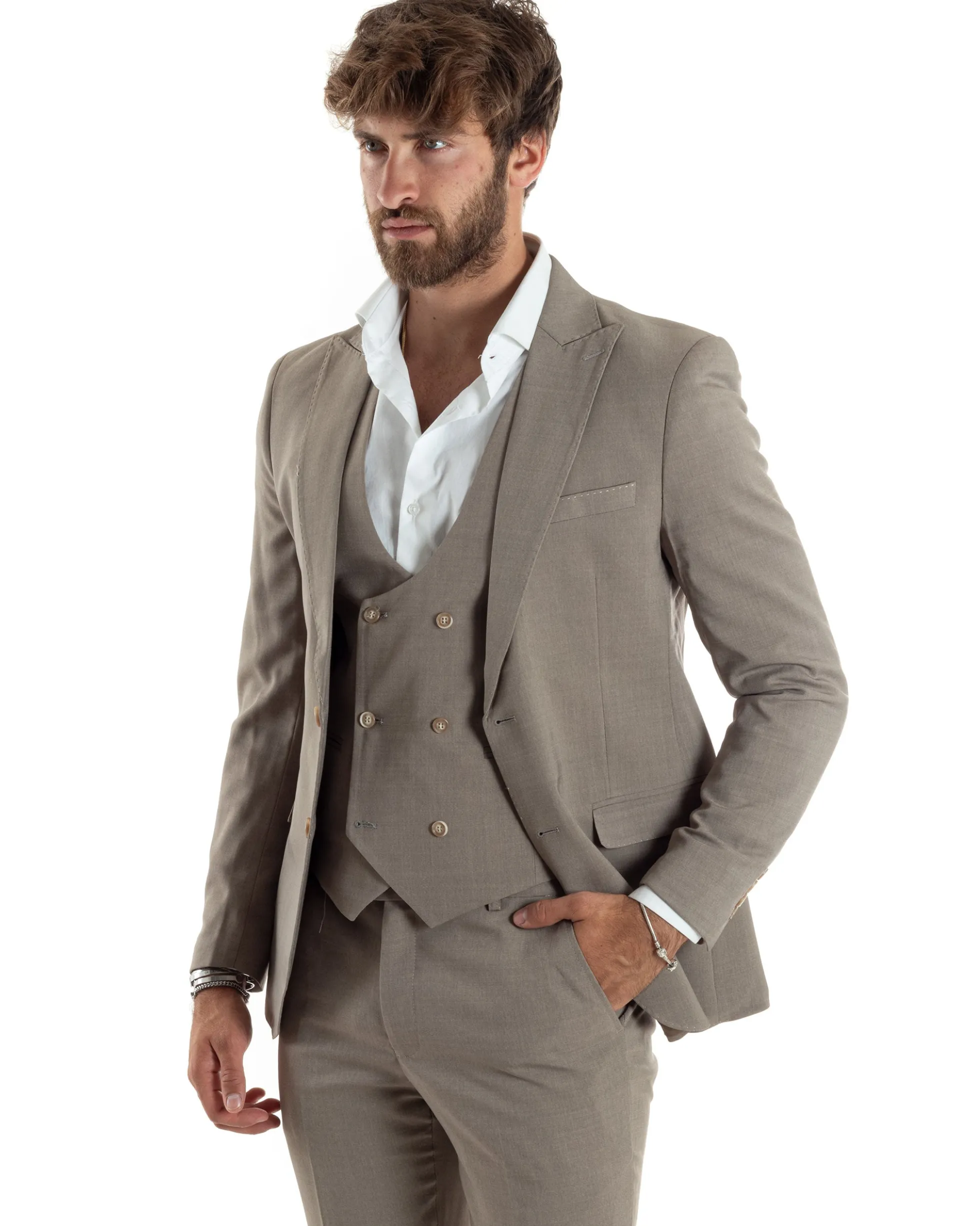 Abito uomo monopetto vestito 3 pezzi completo panciotto beige melangiato GIOSAL-AE1063A