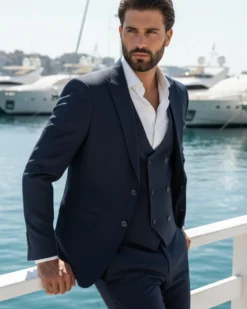 Abito uomo monopetto vestito 3 pezzi completo panciotto blu melangiato GIOSAL-AE1062A