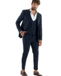 Abito uomo monopetto vestito 3 pezzi completo panciotto blu melangiato GIOSAL-AE1062A