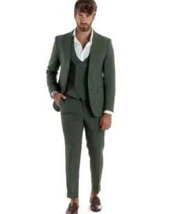 Abito uomo monopetto vestito 3 pezzi completo panciotto verde melangiato GIOSAL-AE1061A