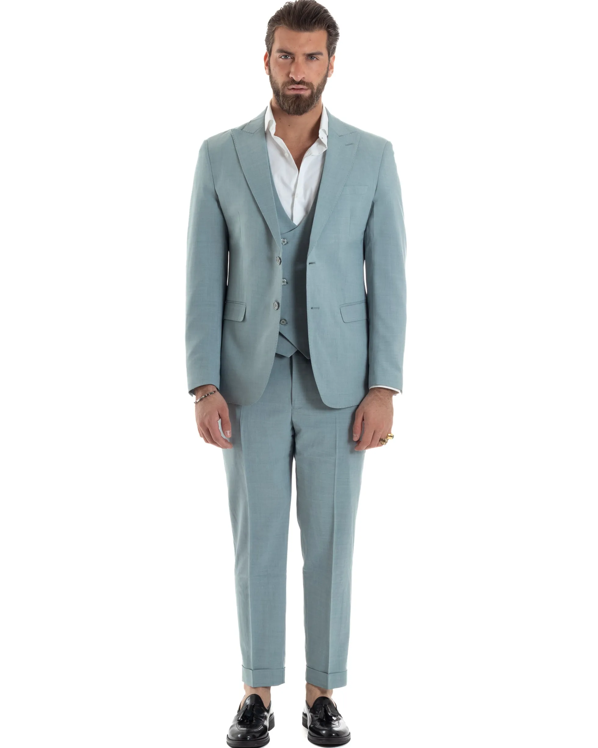 Abito Uomo Monopetto Vestito 3 Pezzi Completo Panciotto Verde Acqua Melangiato AE1114A