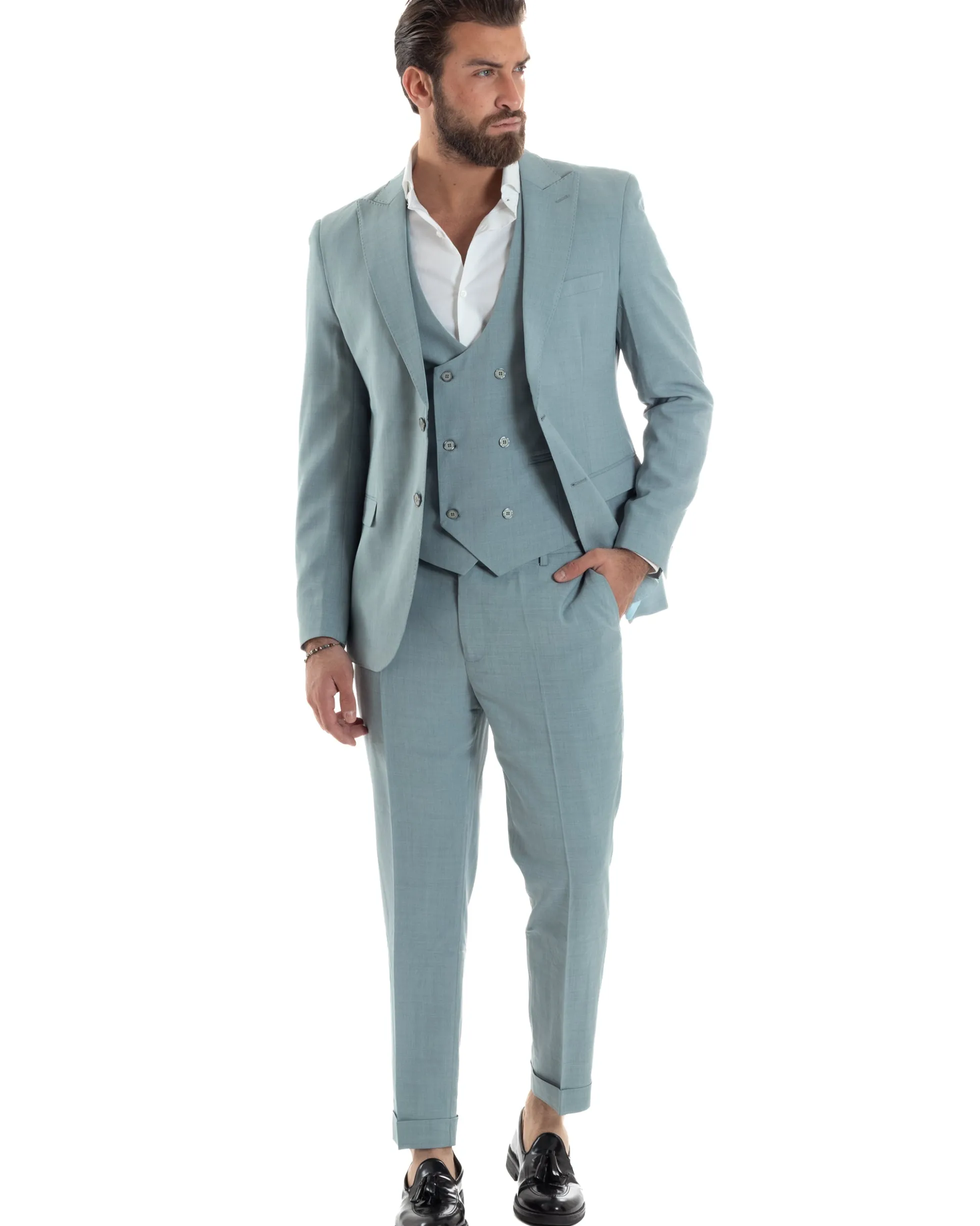Abito Uomo Monopetto Vestito 3 Pezzi Completo Panciotto Verde Acqua Melangiato AE1114A