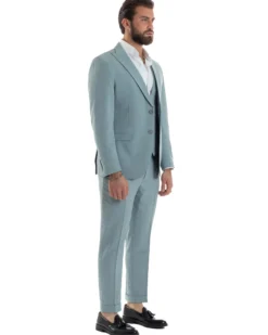 Abito Uomo Monopetto Vestito 3 Pezzi Completo Panciotto Verde Acqua Melangiato AE1114A