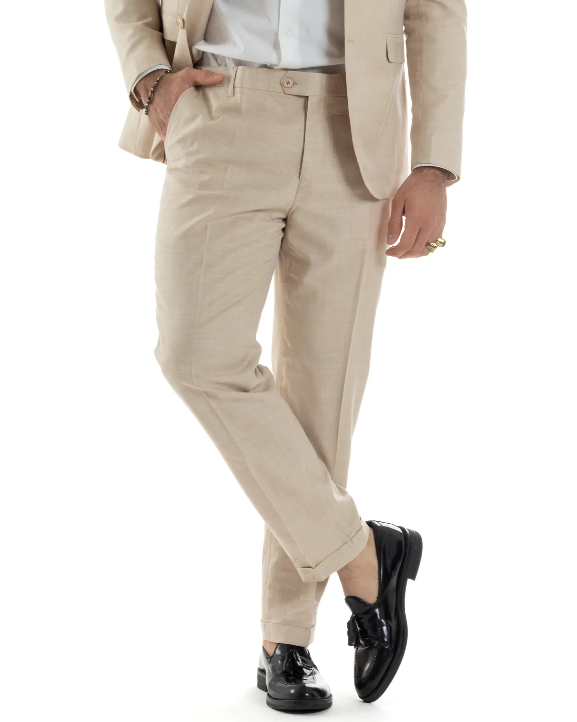 Abito Uomo Monopetto Vestito Viscosa Completo Giacca Pantaloni Beige Melangiato AE1127A