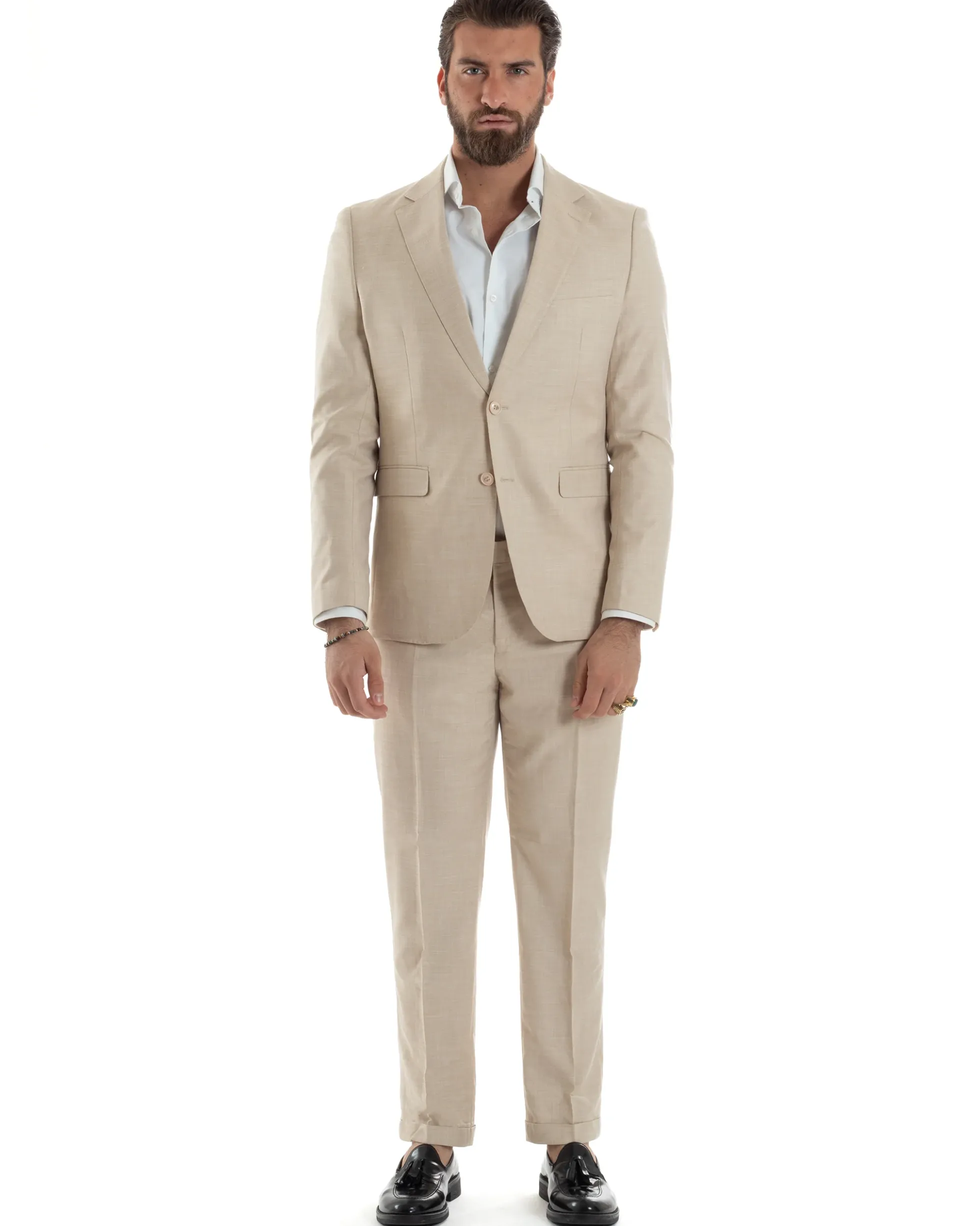 Abito Uomo Monopetto Vestito Viscosa Completo Giacca Pantaloni Beige Melangiato AE1127A