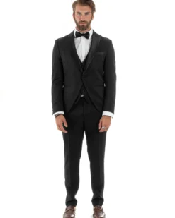 Abito uomo monopetto vestito 3 pezzi completo panciotto smoking raso nero GIOSAL-AE1098A