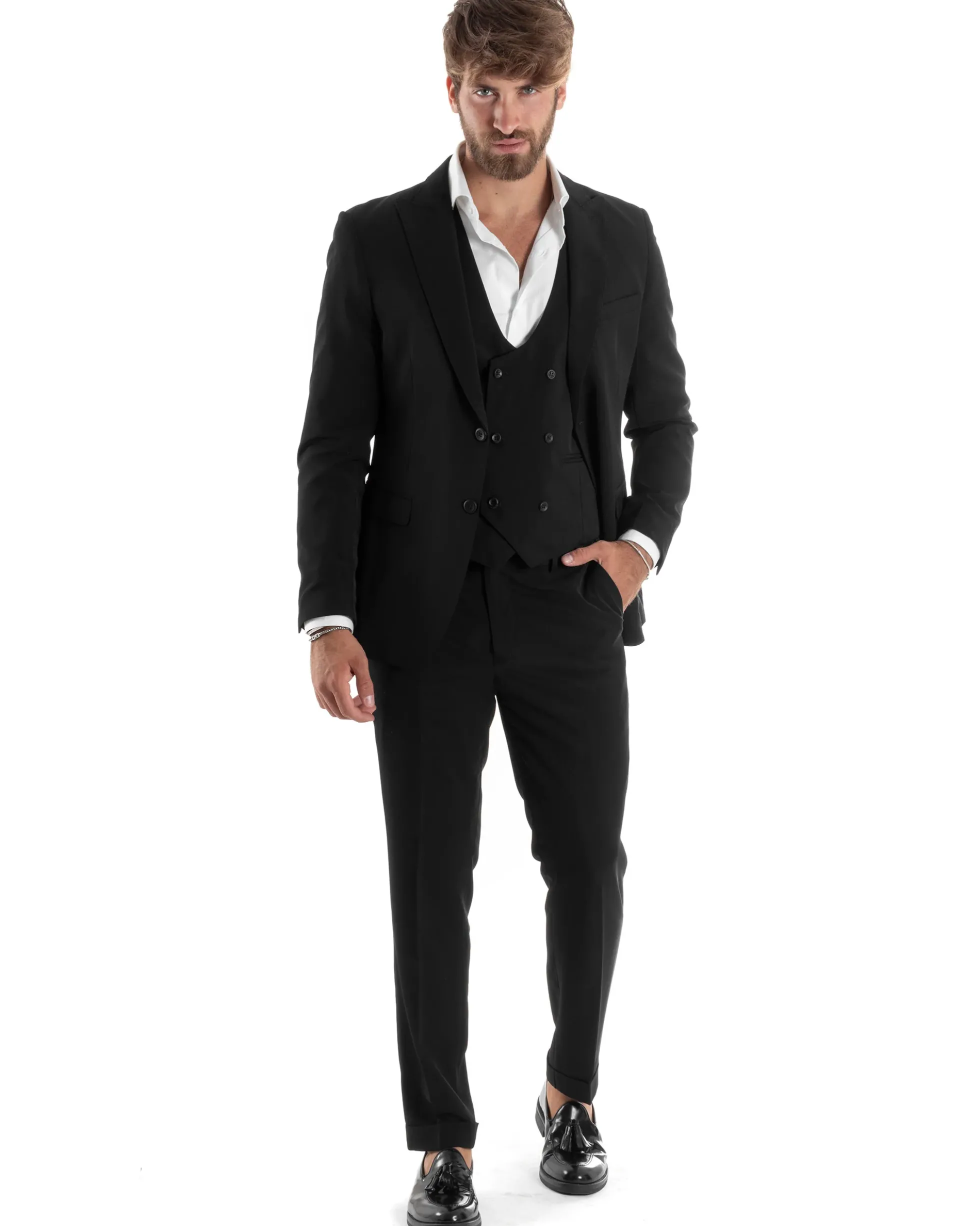 Abito Uomo Monopetto Vestito 3 Pezzi Completo Panciotto Nero AE1067A