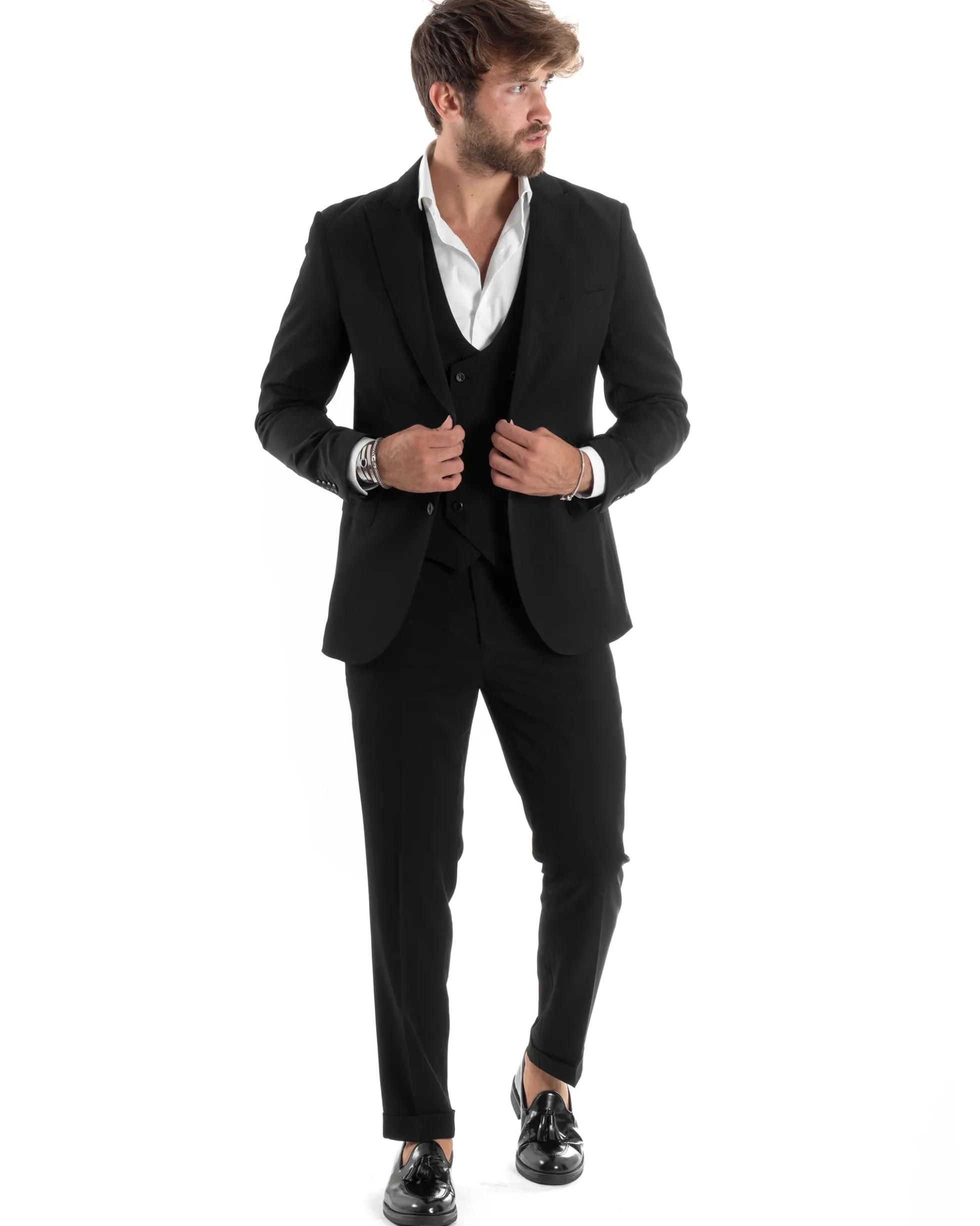 Abito Uomo Monopetto Vestito 3 Pezzi Completo Panciotto Nero AE1067A