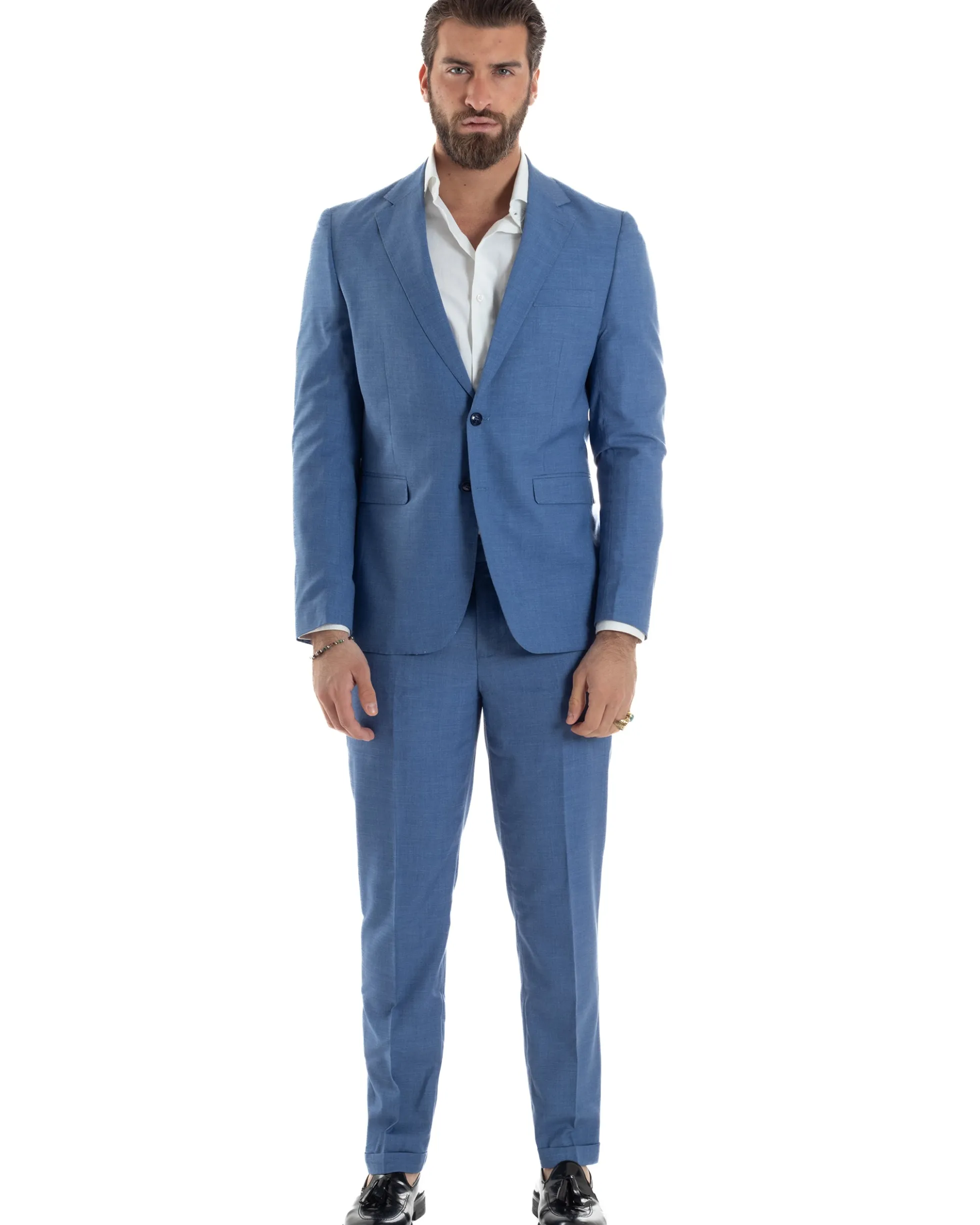 Abito Uomo Monopetto Vestito Viscosa Completo Giacca Pantaloni Blu Chiaro Melangiato AE1126A