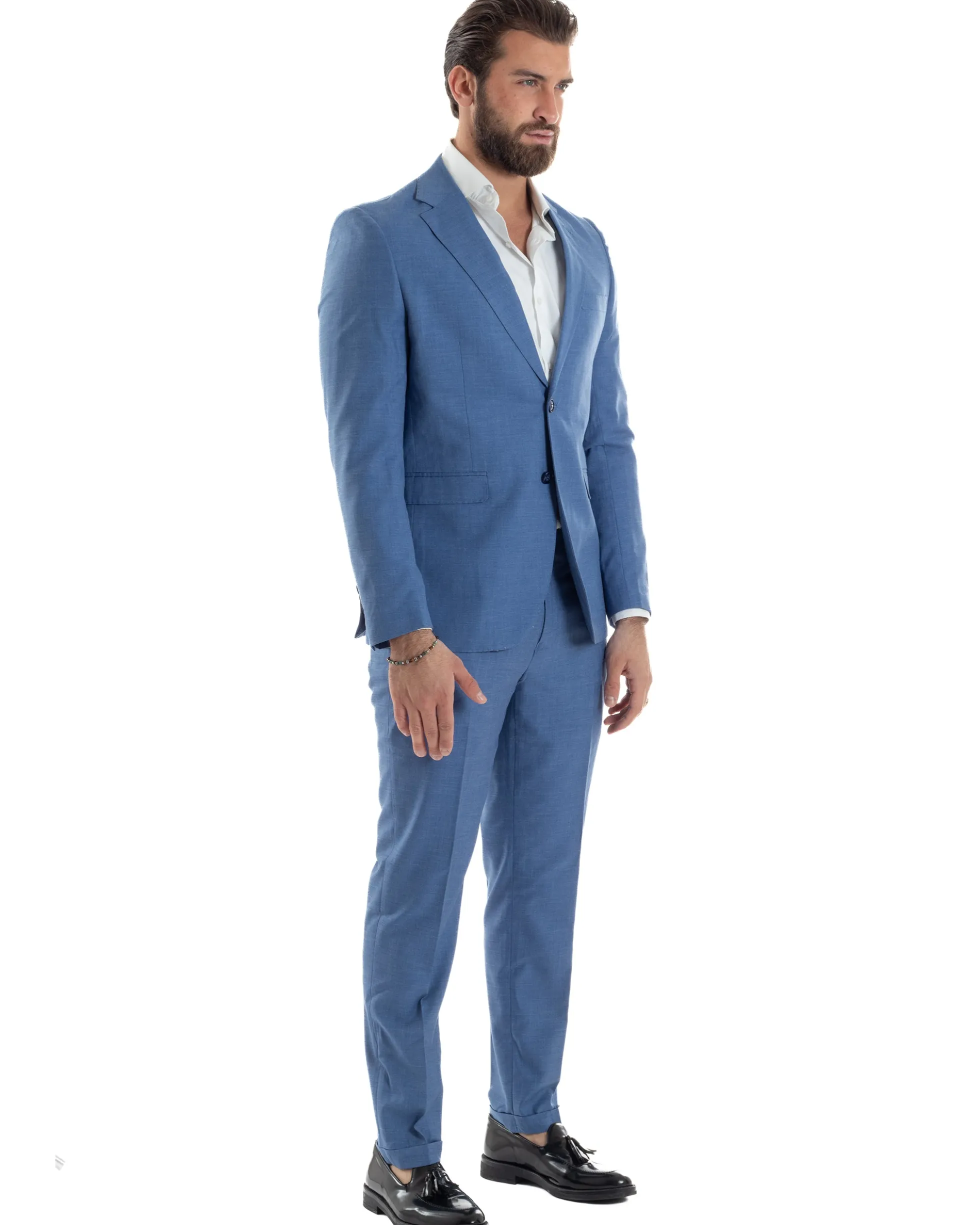Abito Uomo Monopetto Vestito Viscosa Completo Giacca Pantaloni Blu Chiaro Melangiato AE1126A