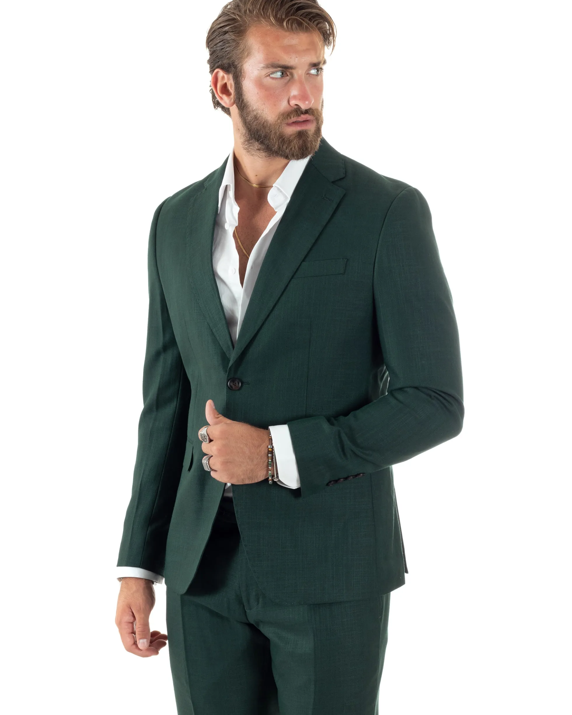 Abito Uomo Monopetto Vestito Viscosa Completo Giacca Pantaloni Verde Scuro Melangiato AE1091A