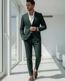 Abito Uomo Monopetto Vestito Viscosa Completo Giacca Pantaloni Verde Scuro Melangiato AE1091A