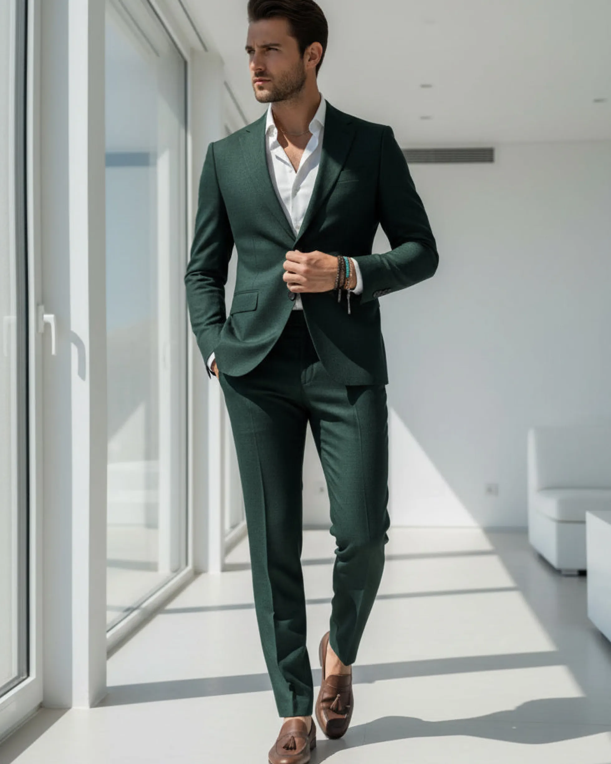 Abito Uomo Monopetto Vestito Viscosa Completo Giacca Pantaloni Verde Scuro Melangiato AE1091A