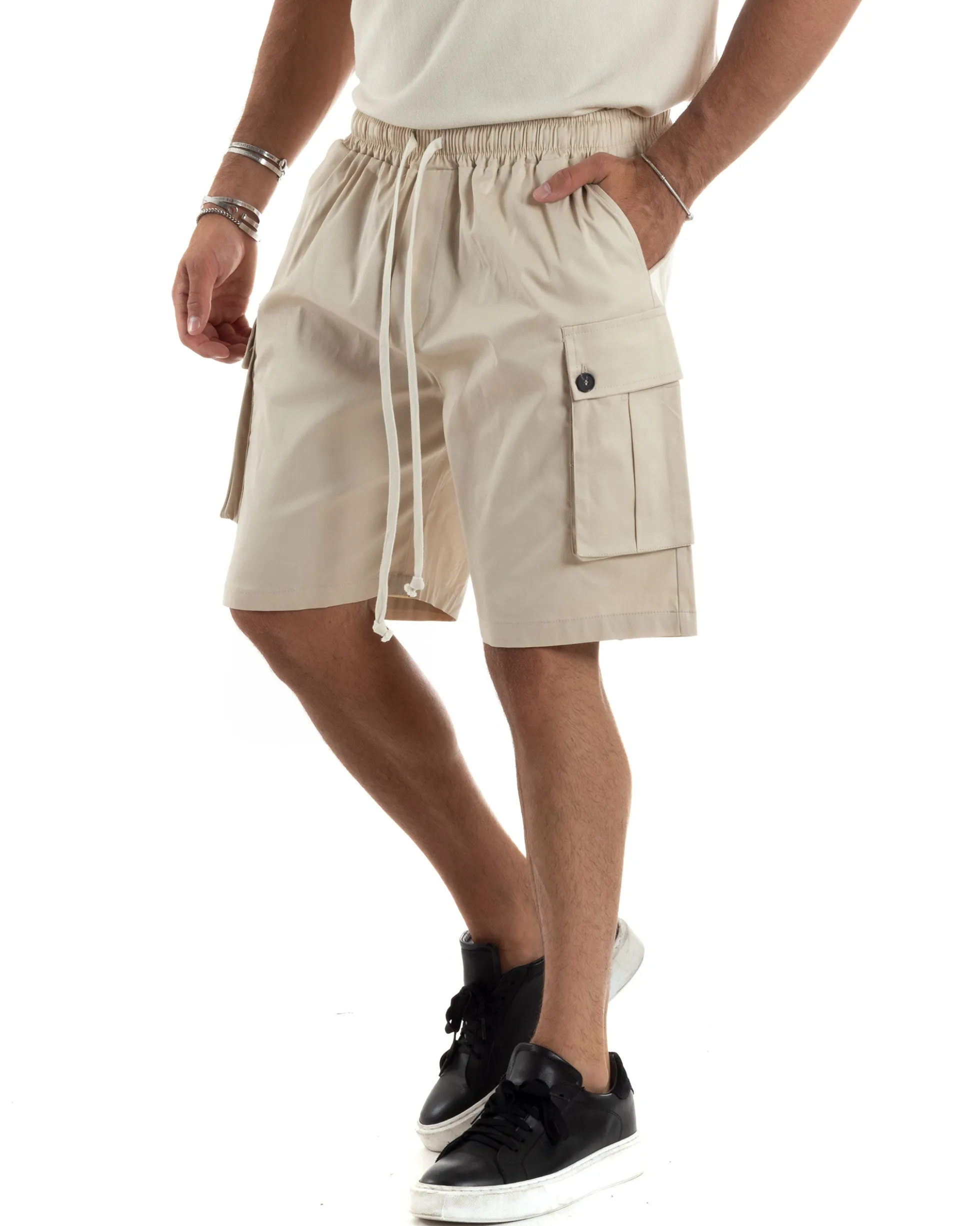 Bermuda Cargo Uomo Cotone Pantalaccio Corto Jogger Con Tasconi Tasche America Con Laccio Oversize Wide Leg Beige GIOSAL-PC1973A