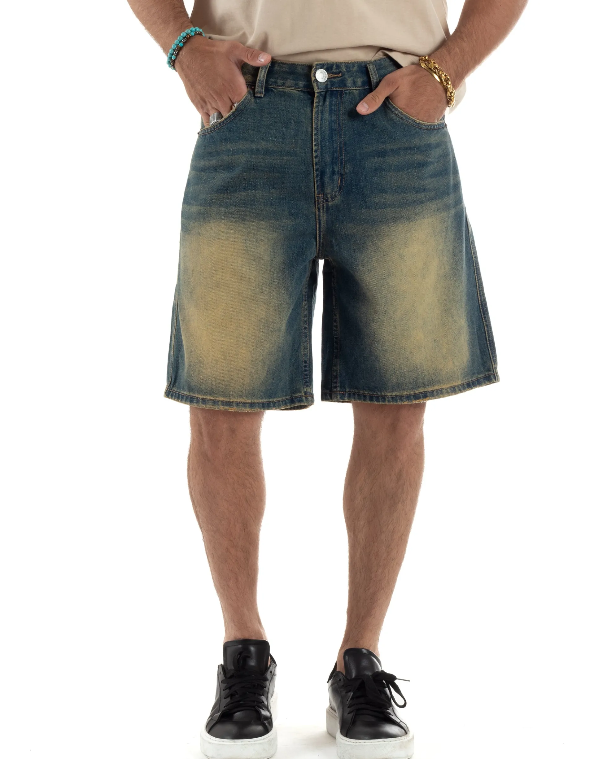 Bermuda Jeans Uomo Sabbiato Pantaloni Denim Regular Fit PC1984A