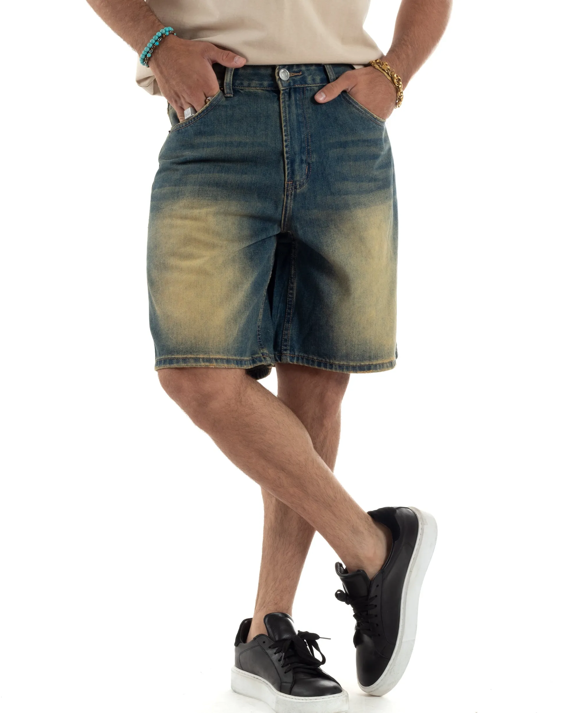 Bermuda Jeans Uomo Sabbiato Pantaloni Denim Regular Fit PC1984A