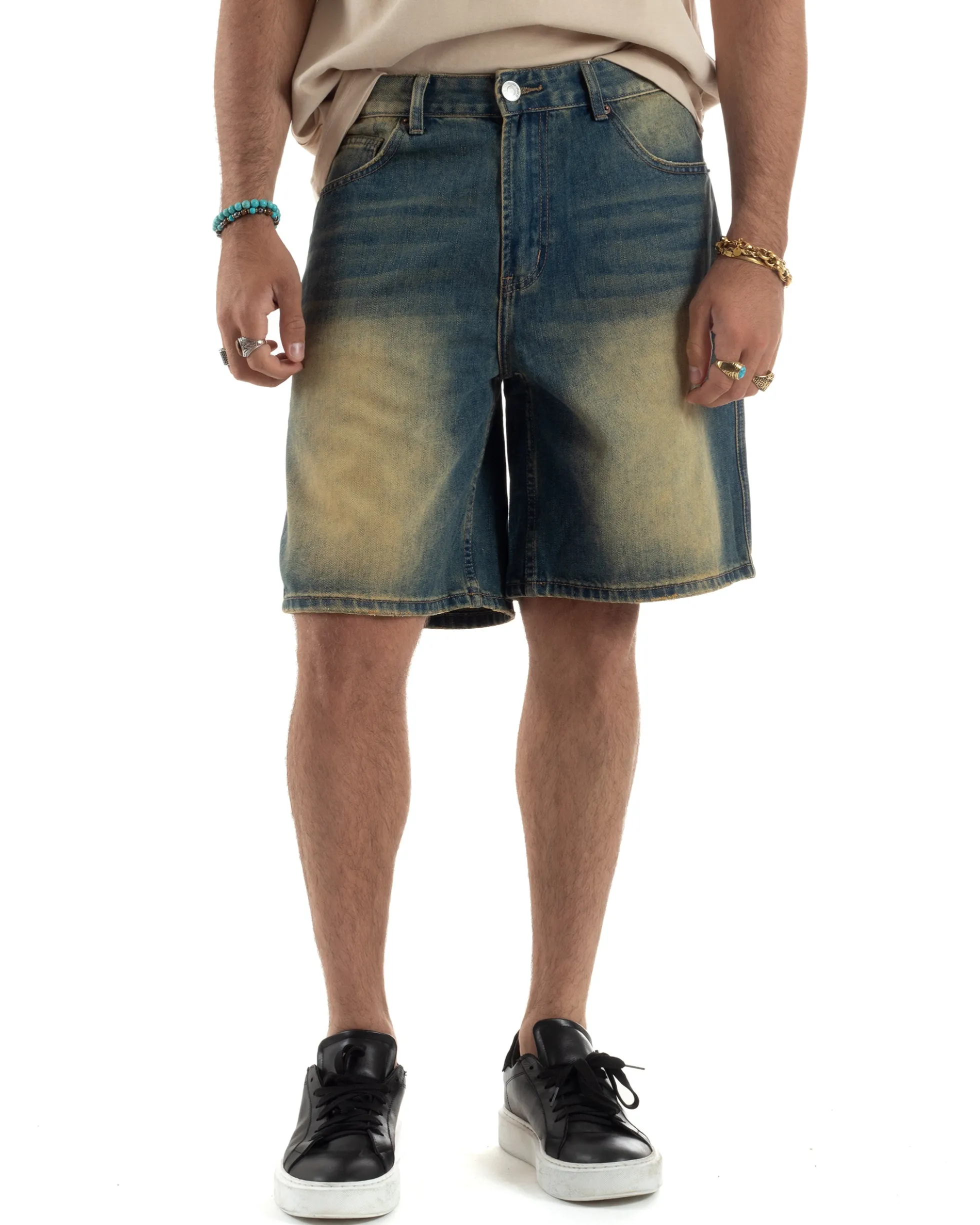 Bermuda Jeans Uomo Sabbiato Pantaloni Denim Regular Fit PC1984A