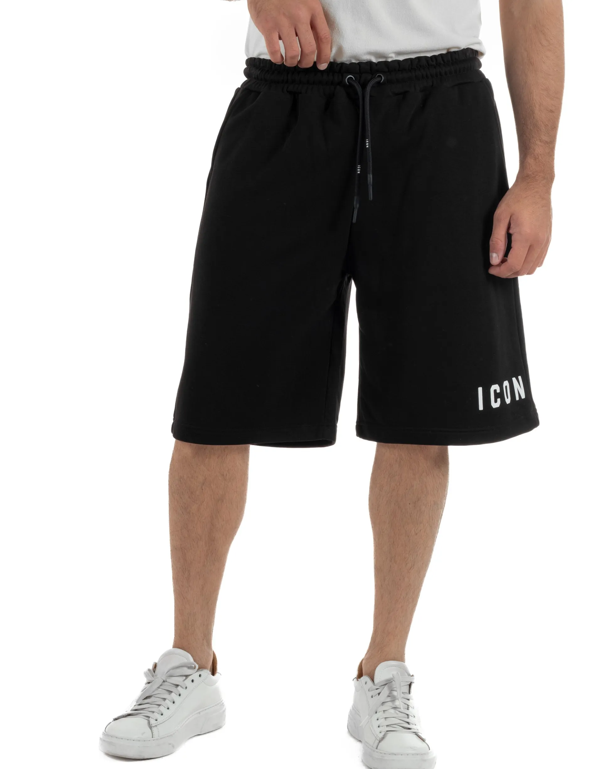 Bermuda pantaloncini uomo coulisse relaxed fit logo streetwear nero ICON-IUB001