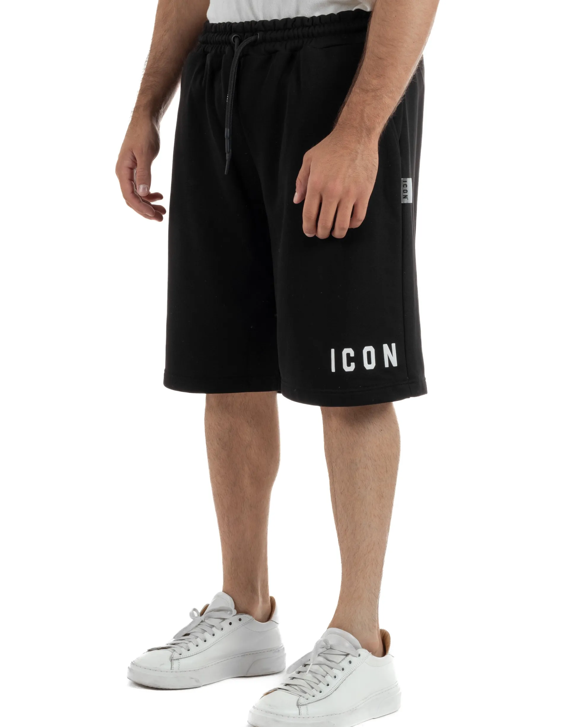 Bermuda pantaloncini uomo coulisse relaxed fit logo streetwear nero ICON-IUB001