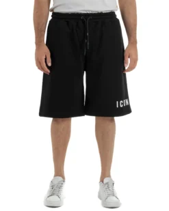 Bermuda pantaloncini uomo coulisse relaxed fit logo streetwear nero ICON-IUB001