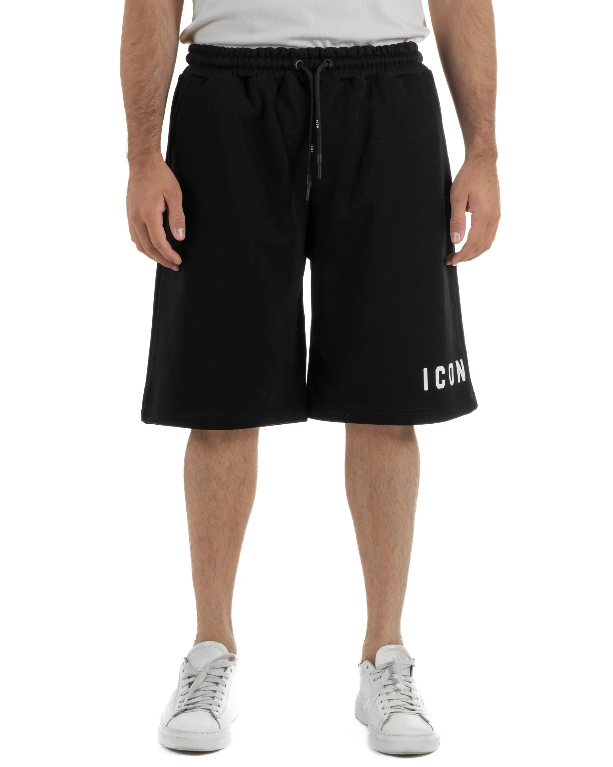 Bermuda pantaloncini uomo coulisse relaxed fit logo streetwear nero ICON-IUB001