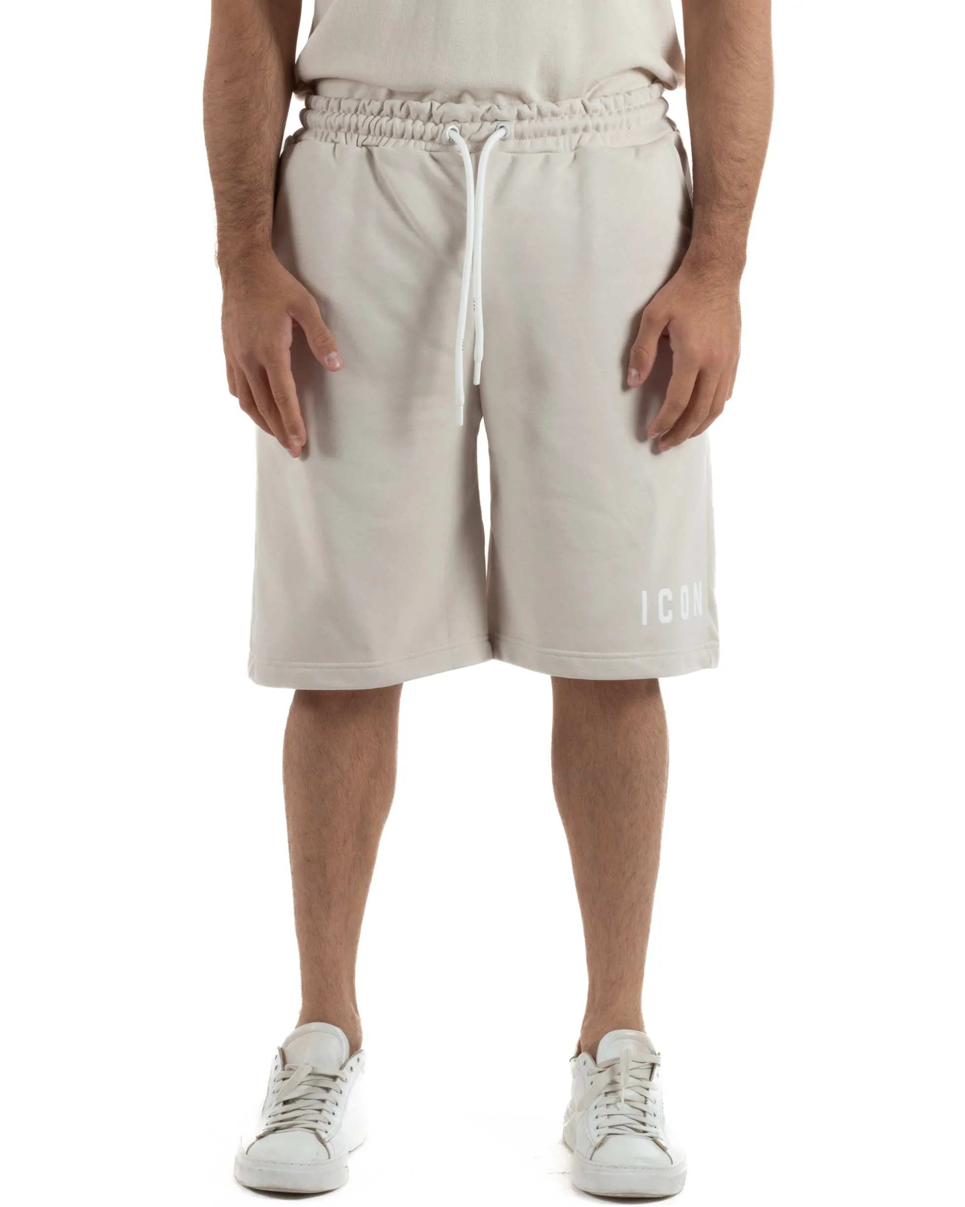 Bermuda pantaloncini uomo coulisse relaxed fit logo streetwear beige ICON-IUB001