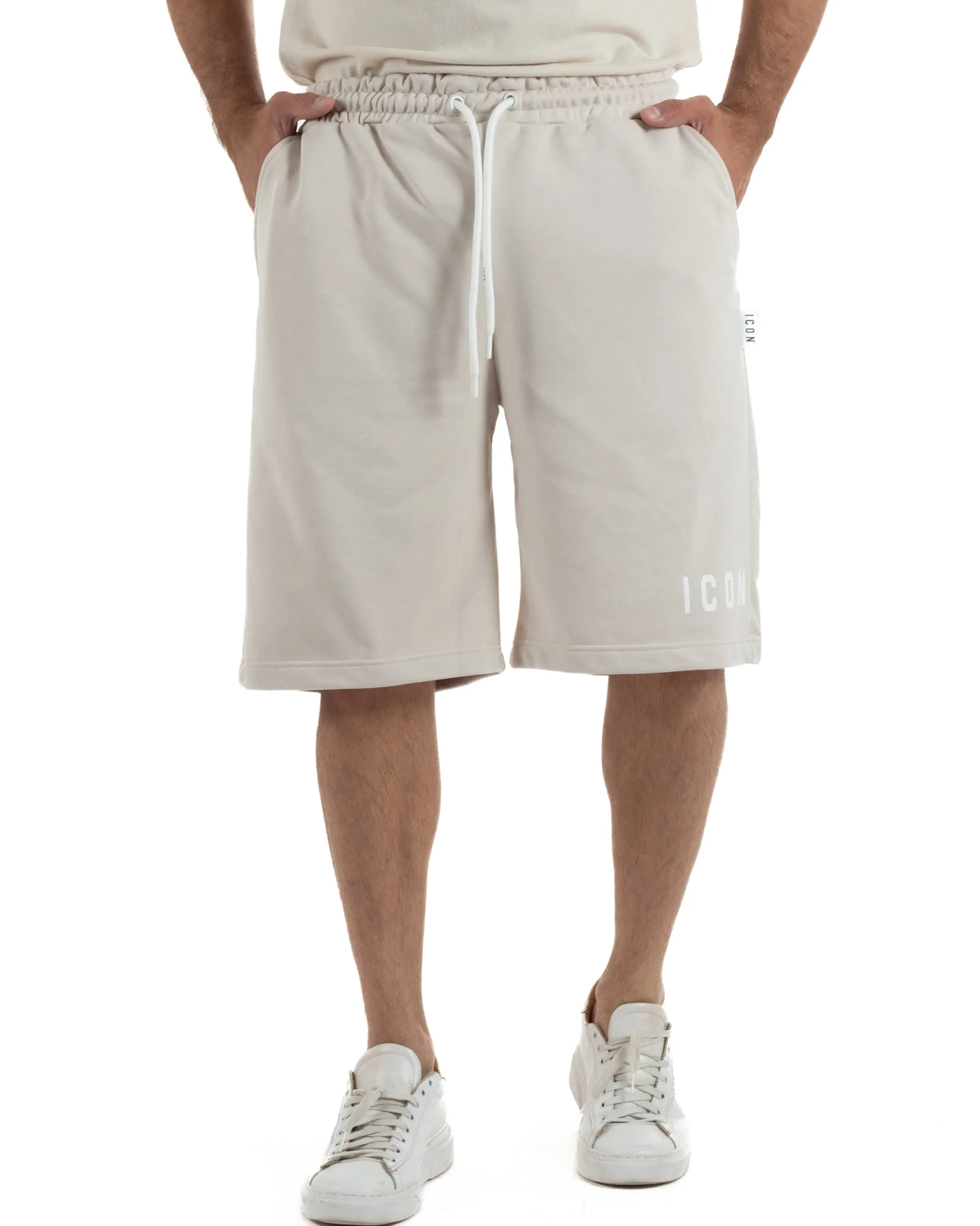 Bermuda pantaloncini uomo coulisse relaxed fit logo streetwear beige ICON-IUB001
