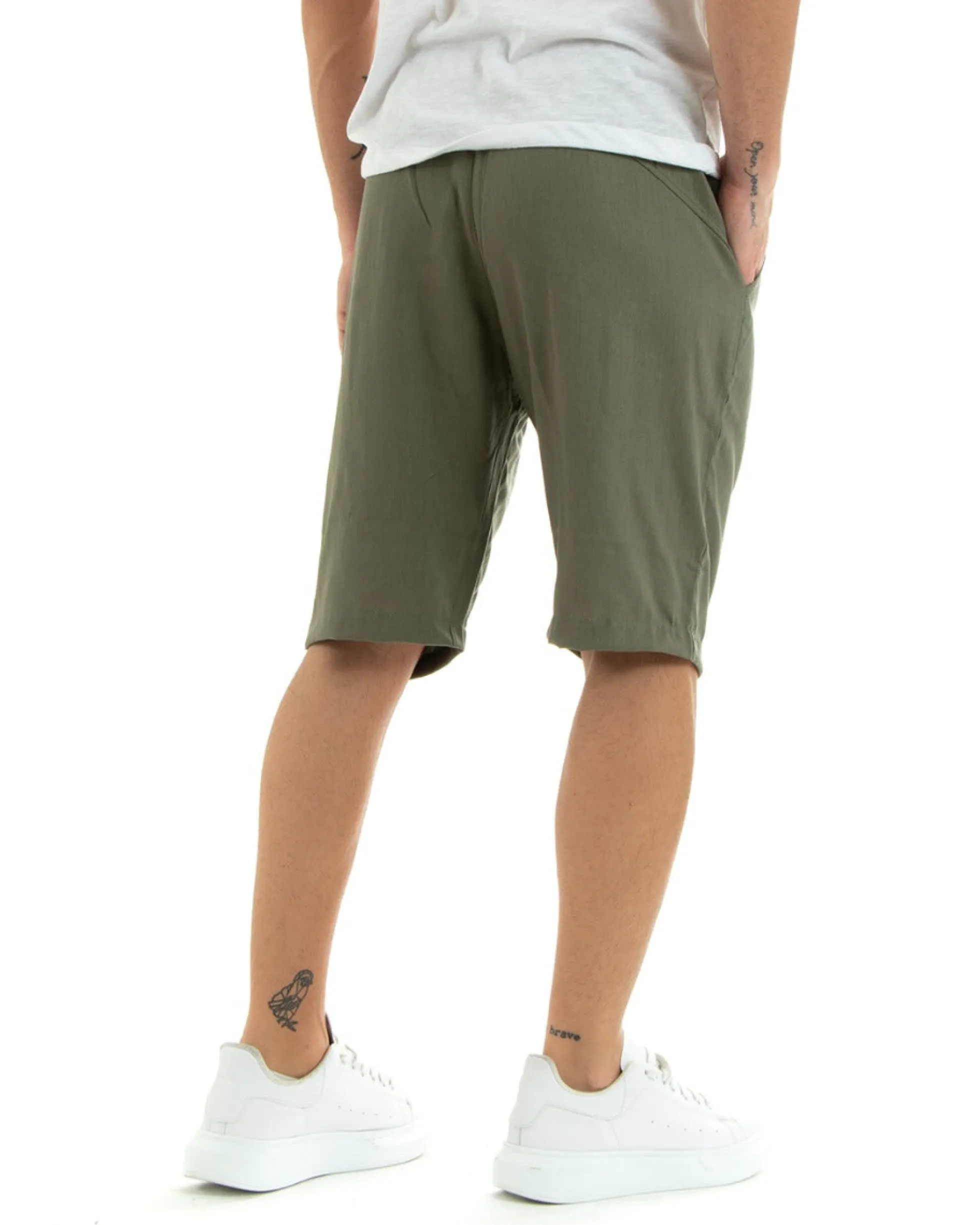 Bermuda Pantaloncini Uomo Corti Lino Pantalaccio Basic Verde GIOSAL-PC1924A