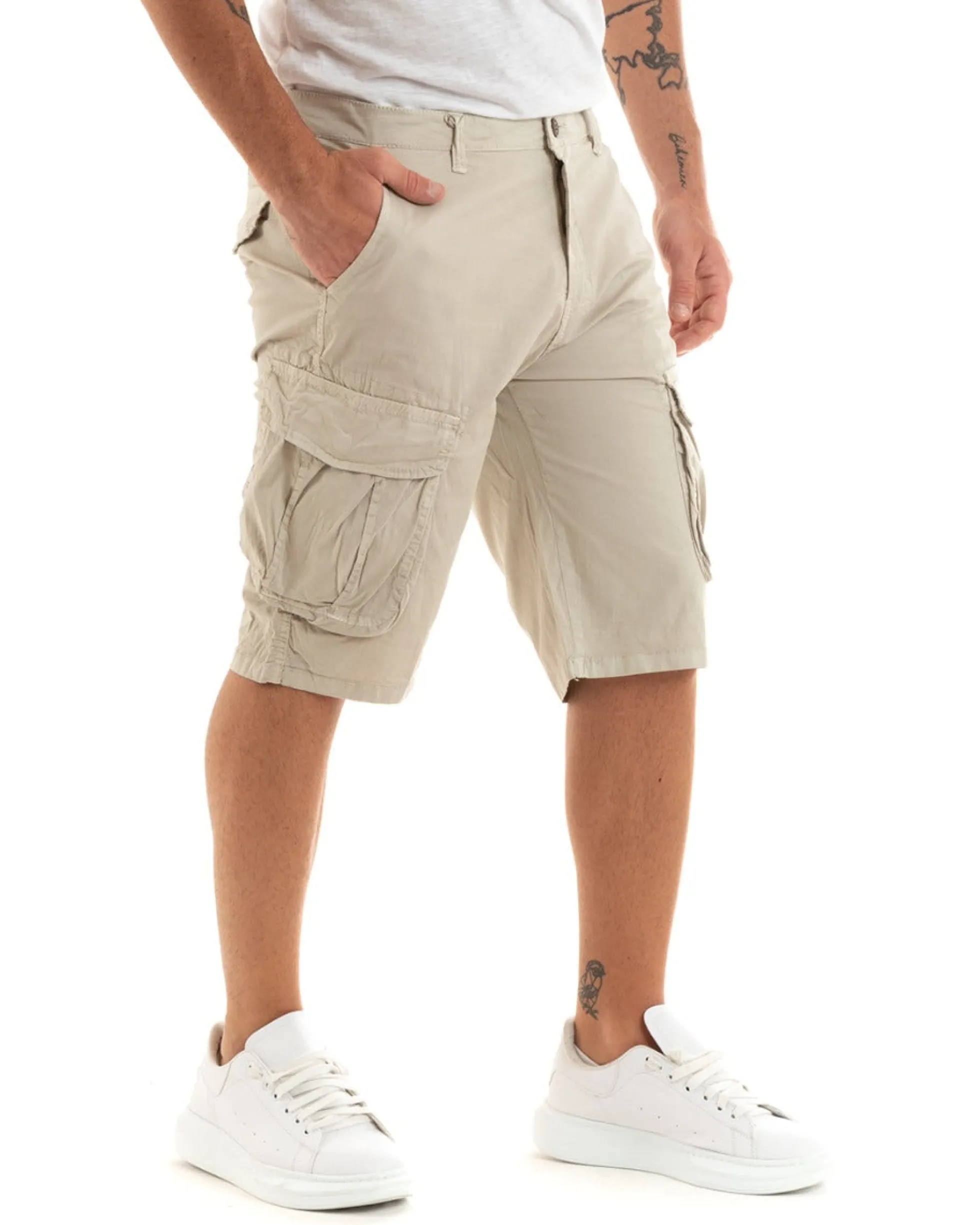 Bermuda Pantaloncini Uomo Corti Shorts Cargo Tasca America Beige GIOSAL-PC1933A