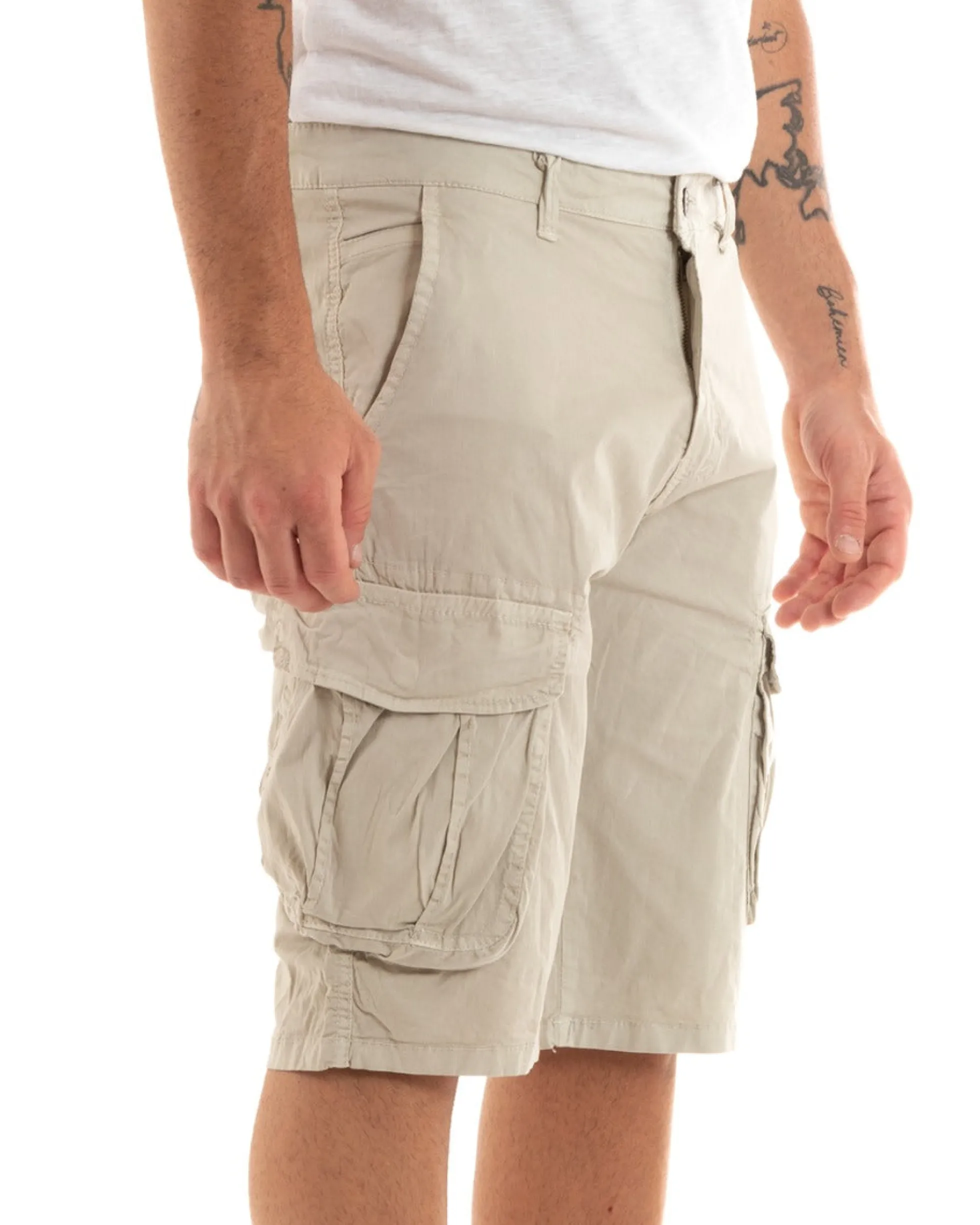 Bermuda Pantaloncini Uomo Corti Shorts Cargo Tasca America Beige GIOSAL-PC1933A