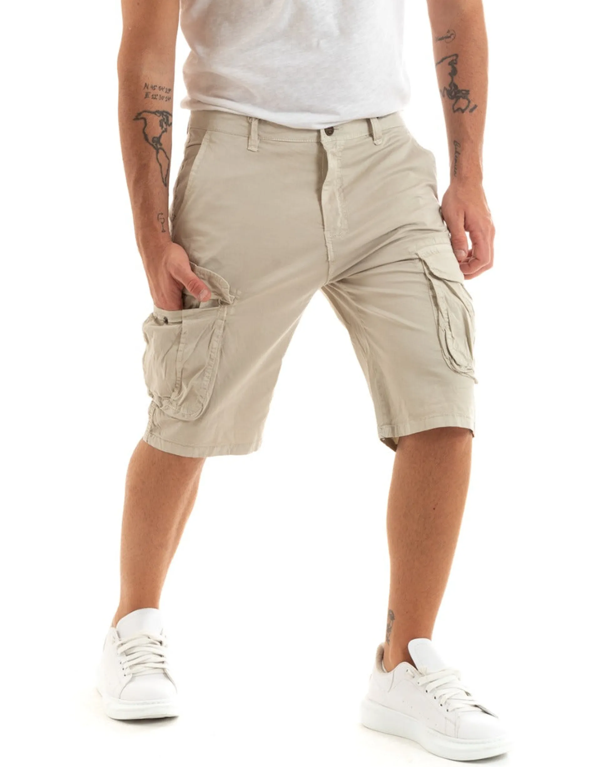 Bermuda Pantaloncini Uomo Corti Shorts Cargo Tasca America Beige GIOSAL-PC1933A