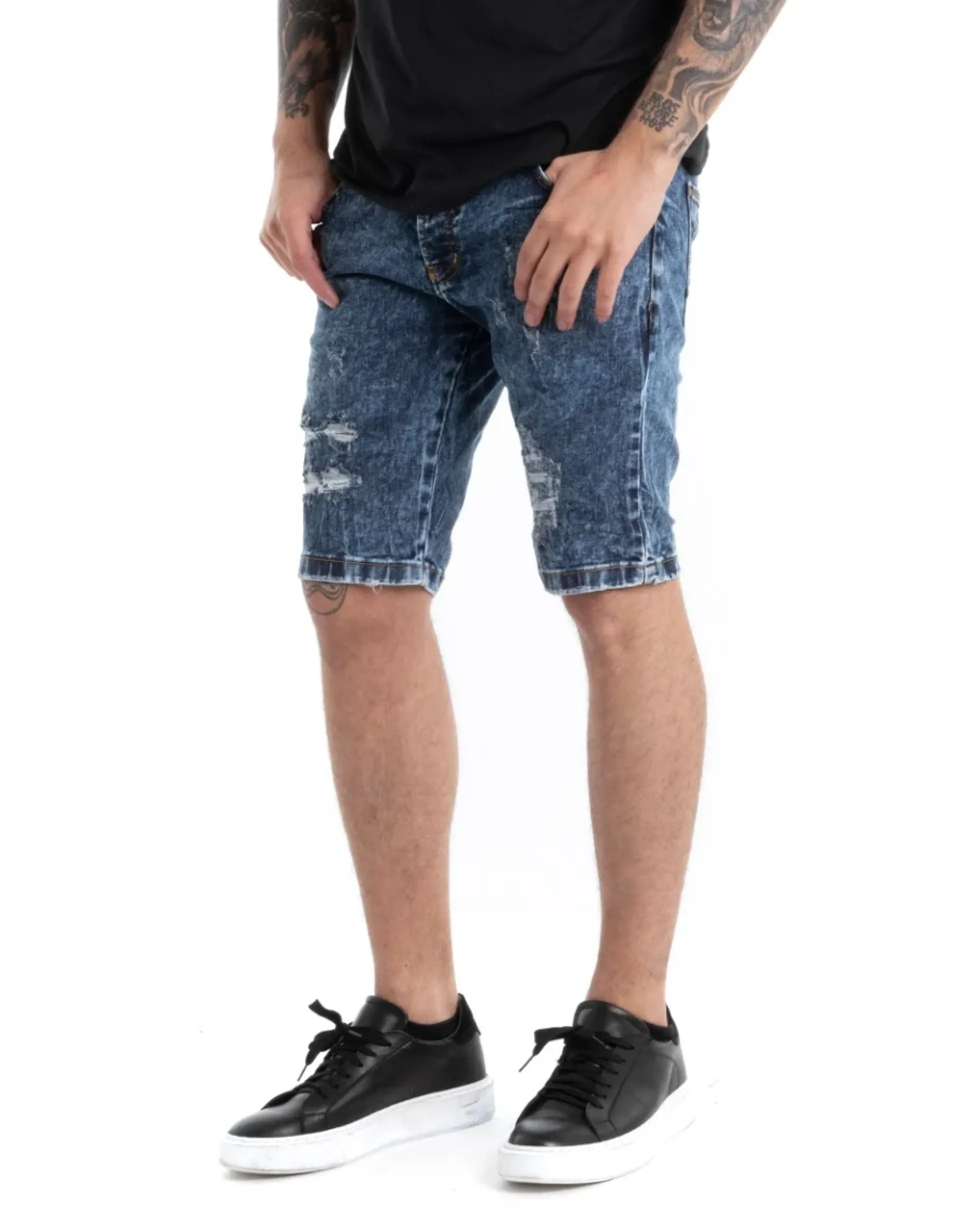 Bermuda Pantaloncini Uomo Corti Casual Slim Fit Jeans Con Rotture Cinque Tasche Denim Slavato GIOSAL-PC1816A