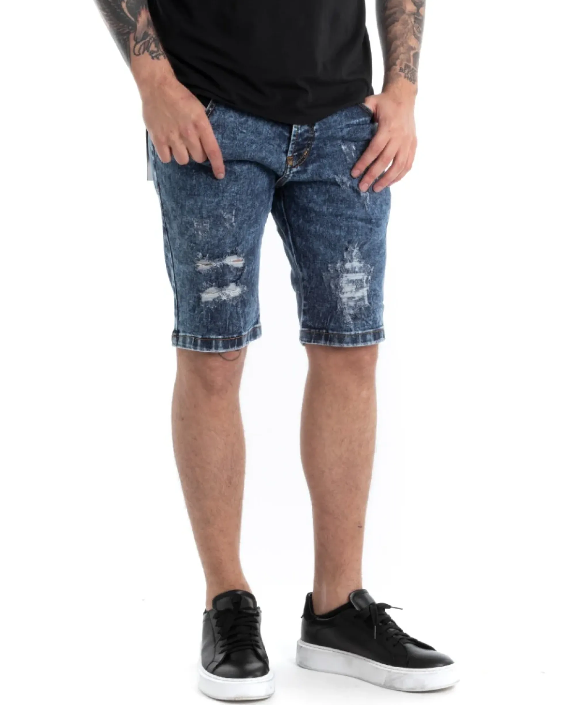 Bermuda Pantaloncini Uomo Corti Casual Slim Fit Jeans Con Rotture Cinque Tasche Denim Slavato GIOSAL-PC1816A