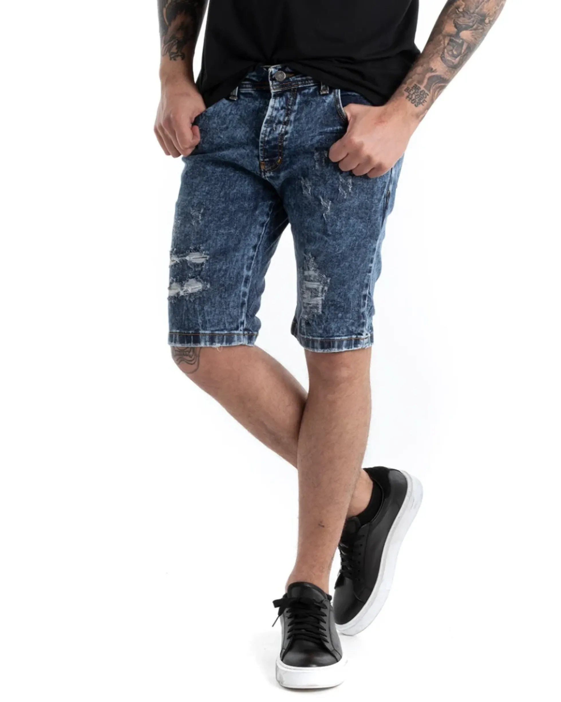 Bermuda Pantaloncini Uomo Corti Casual Slim Fit Jeans Con Rotture Cinque Tasche Denim Slavato GIOSAL-PC1816A