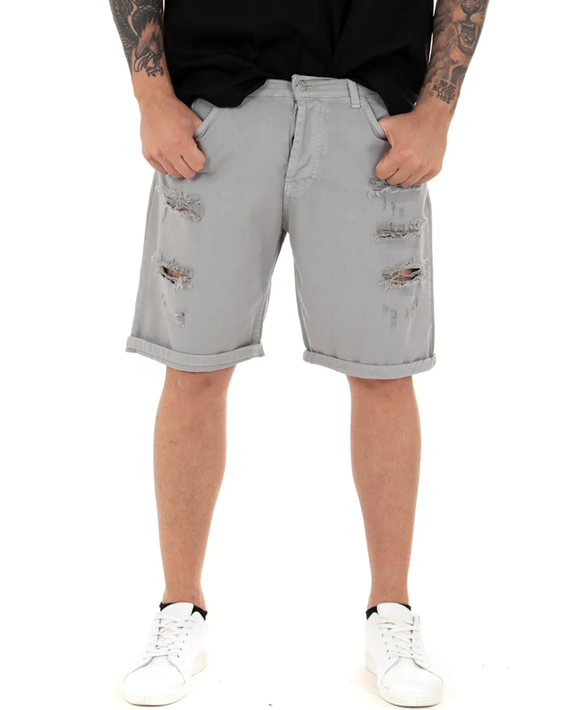 Bermuda Pantaloncini Uomo Corti Comodi Con Rotture Cinque Tasche Regular Fit Casual Tinta Unita Grigio GIOSAL-PC1764A