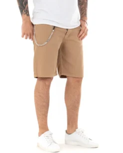 Bermuda Pantaloncini Uomo Corti Cotone Casual Cinque Tasche Con Catena Tinta Unita Camel GIOSAL-PC1713A