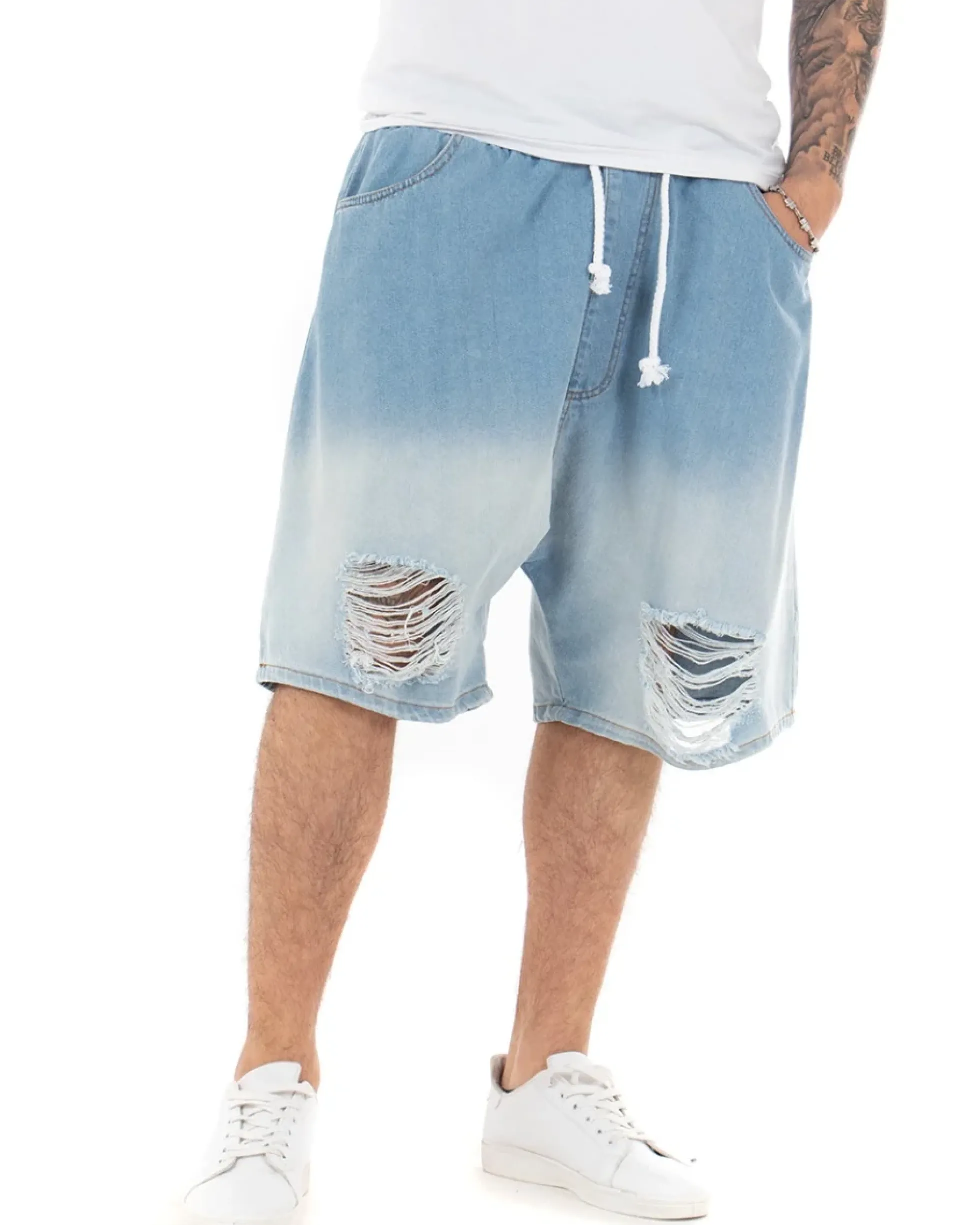 Bermuda Pantaloncini Uomo Corti Jeans Sfumato Chiaro Rotture Denim Bicolore GIOSAL-PC1847A