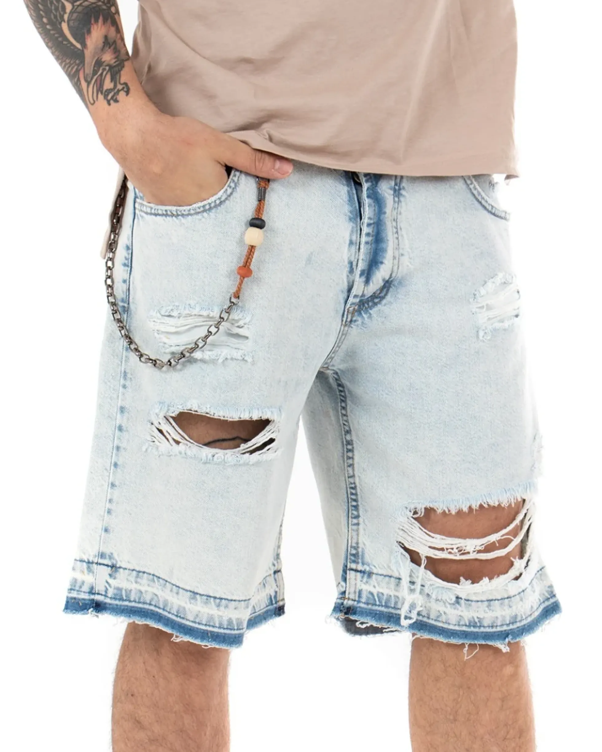 Bermuda Pantaloncini Uomo Corti Jeans Con Rotture Sfrangiato Cinque Tasche Denim Slavato GIOSAL-PC1844A