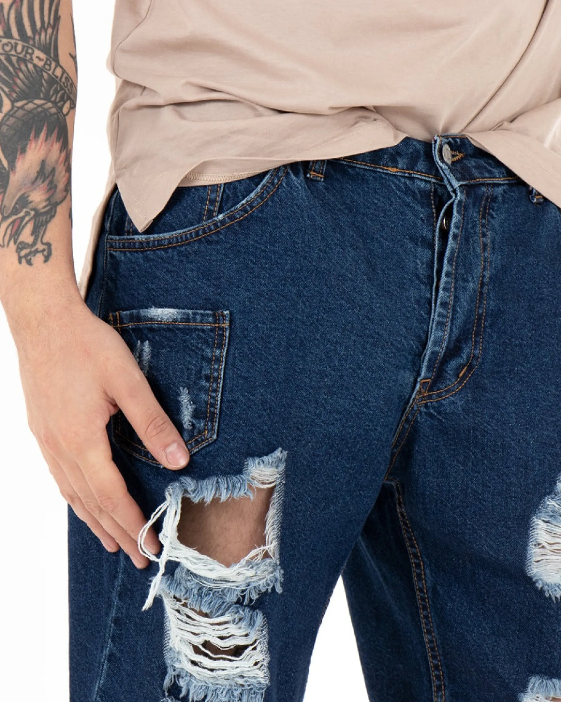 Bermuda Pantaloncini Uomo Corti Jeans Con Rotture Cinque Tasche Taschino Denim Scuro GIOSAL-PC1845A