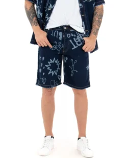 Bermuda Pantaloncini Uomo Corti Jeans Cinque Tasche Casual Regular Fit Stampa Graffiti Printed Denim Scuro GIOSAL-PC1767A