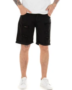 Bermuda Pantaloncini Uomo Corti Comodi Con Rotture Cinque Tasche Regular Fit Casual Tinta Unita Nero GIOSAL-PC1761A